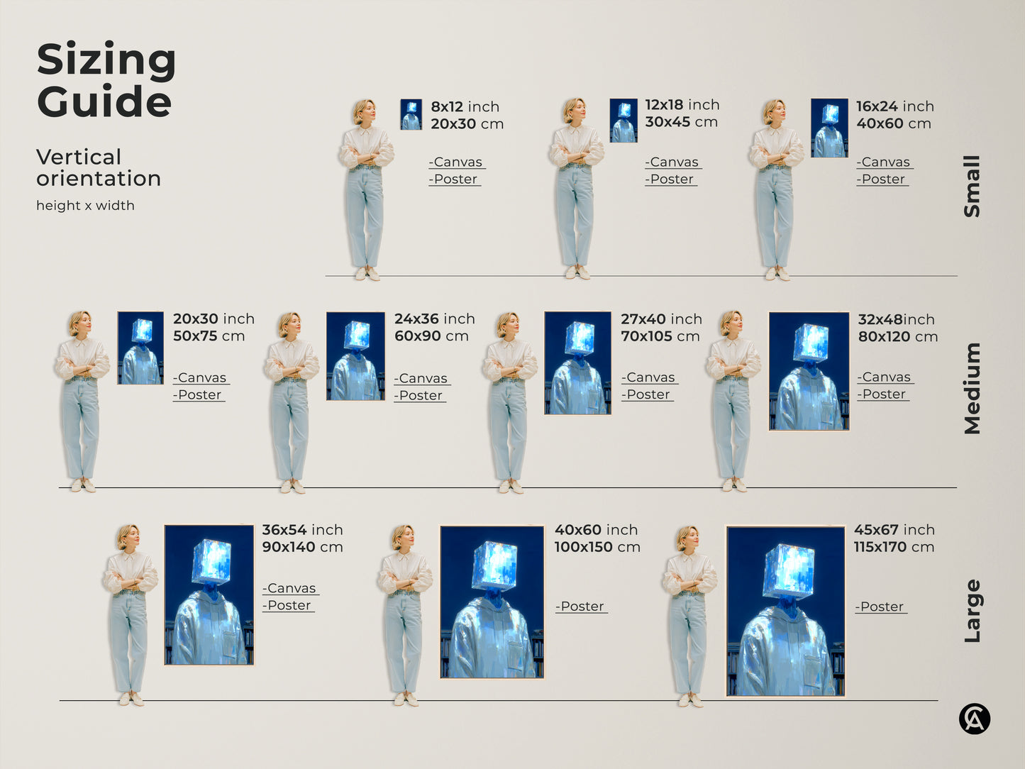 Sizing guide for vertical art prints. See the figure with the glowing blue cube head in various sizes. Options include canvas and poster prints. Find the perfect fit for your space from small medium and large sizes.