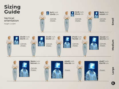 Sizing guide for vertical art prints. See the figure with the glowing blue cube head in various sizes. Options include canvas and poster prints. Find the perfect fit for your space from small medium and large sizes.