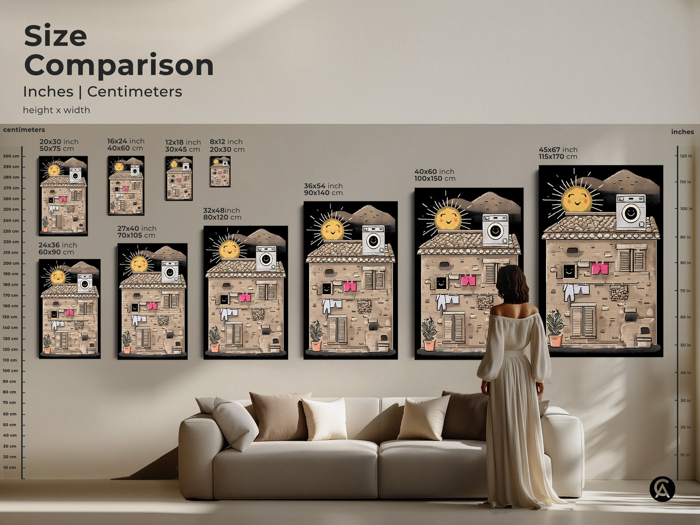 Size comparison of the Halftone Sun & Laundry art print in inches and centimeters. From small to large sizes see how this eclectic beige yellow art complements your home. Perfect for apartment wall art and more.