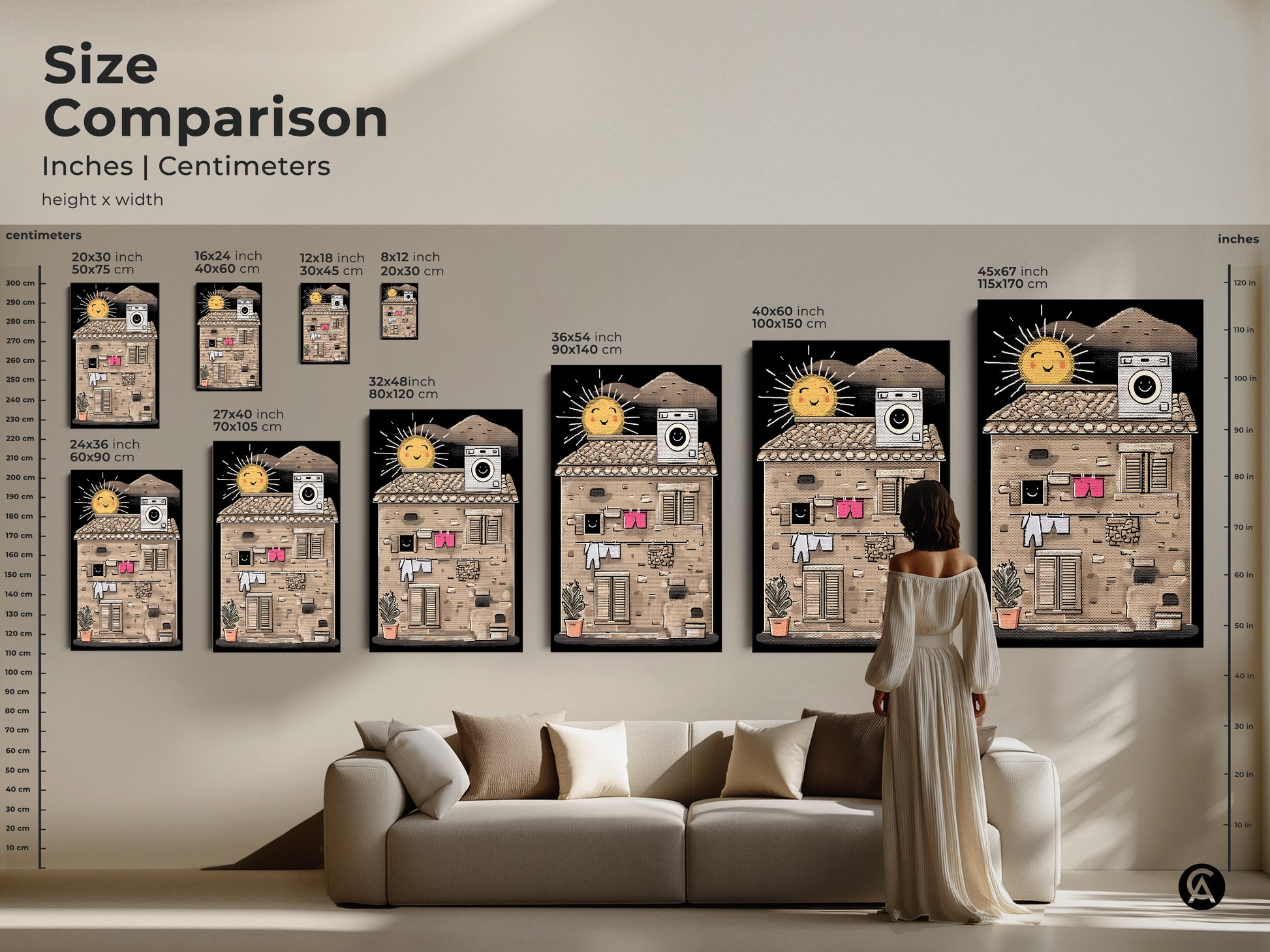 Size comparison of the Halftone Sun & Laundry art print in inches and centimeters. From small to large sizes see how this eclectic beige yellow art complements your home. Perfect for apartment wall art and more.
