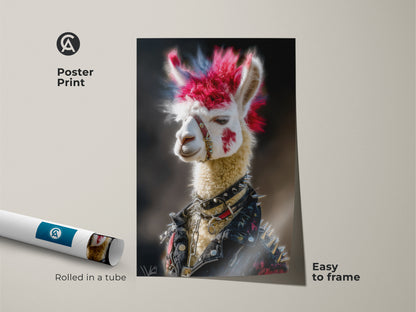 A poster print of a Punk Rocker Llama art rolled and ready to frame. This Gothic animal print features a pink and blue mohawk. The Spiked jacket art print will add an Alternative music wall decor to any garage music room.