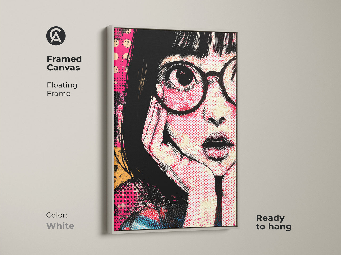 White framed canvas featuring anime girl portrait art. This retro pop art canvas adds color to any room. The hot pink and yellow wall art is great for eclectic decor. This unique birthday gift idea is perfect for anime fans. The graphic art print is ready to hang and enjoy.