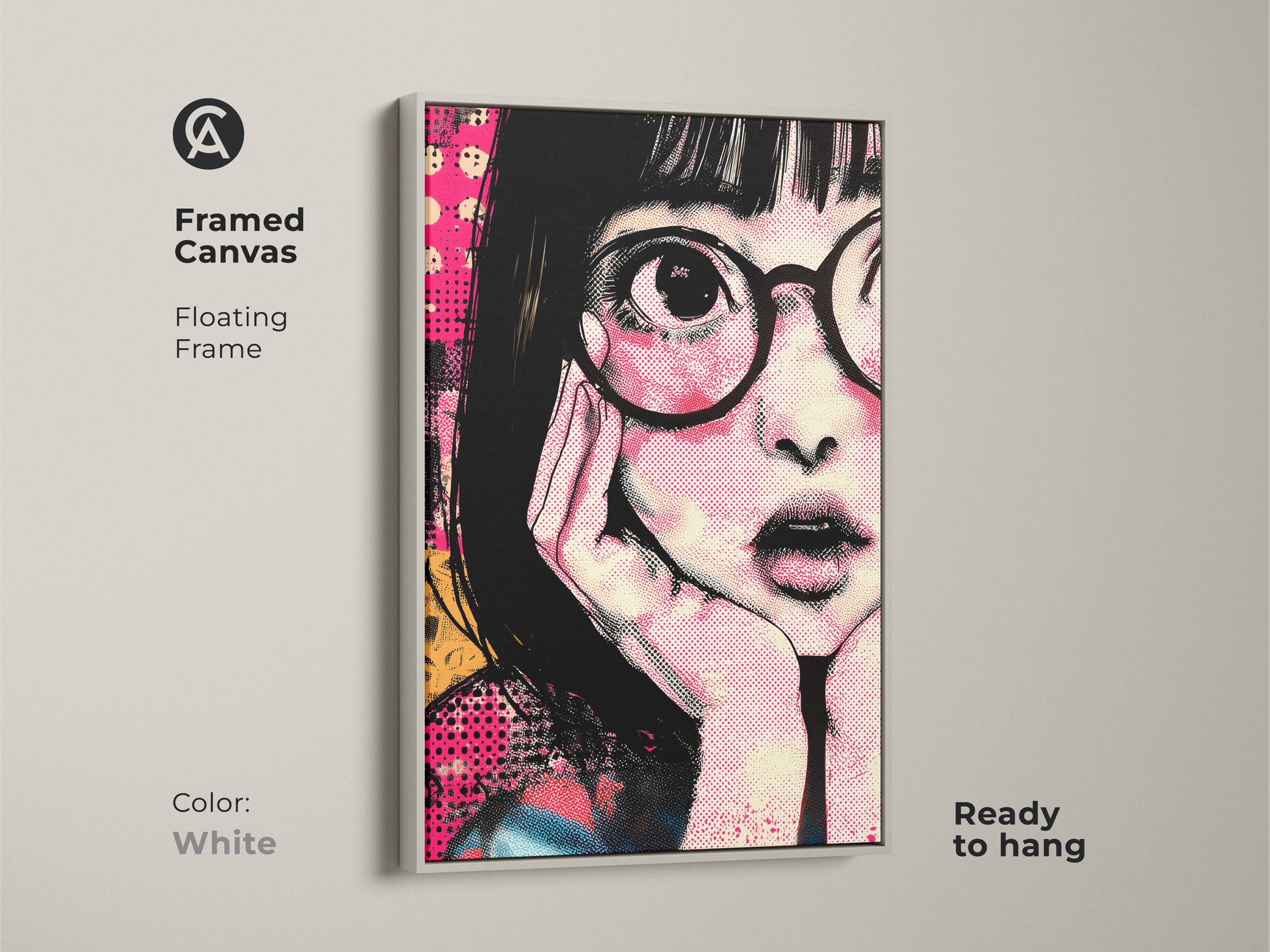 White framed canvas featuring anime girl portrait art. This retro pop art canvas adds color to any room. The hot pink and yellow wall art is great for eclectic decor. This unique birthday gift idea is perfect for anime fans. The graphic art print is ready to hang and enjoy.