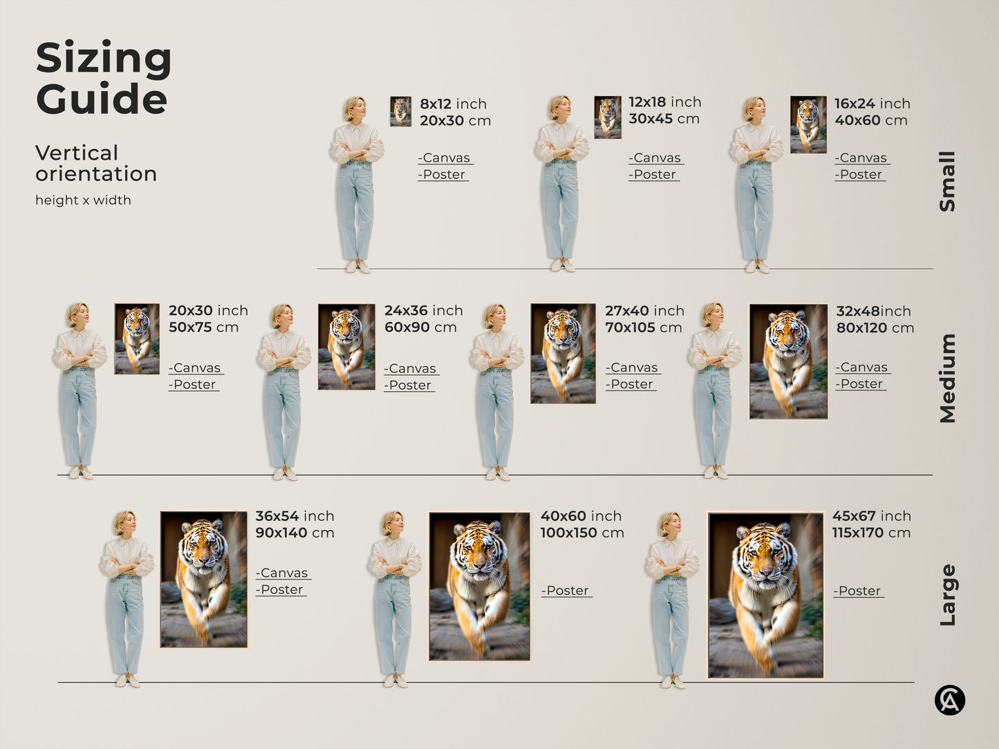 A size comparison of photorealistic tiger canvas art. See the wildlife artwork in multiple dimensions. Find the ideal orange black animal canvas print for your space.