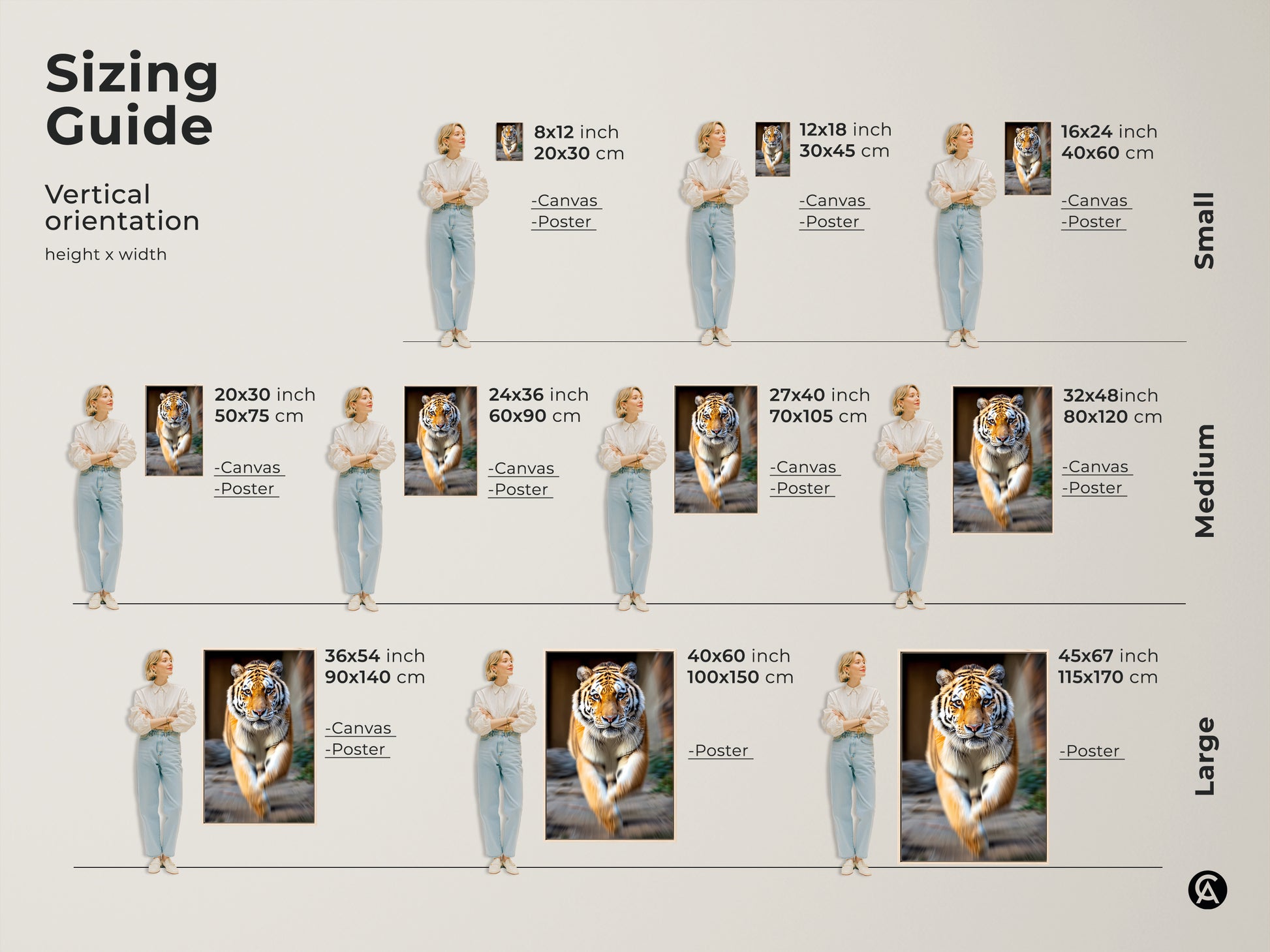 A size comparison of photorealistic tiger canvas art. See the wildlife artwork in multiple dimensions. Find the ideal orange black animal canvas print for your space.