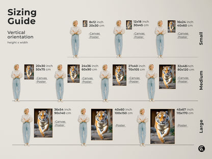 A size comparison of photorealistic tiger canvas art. See the wildlife artwork in multiple dimensions. Find the ideal orange black animal canvas print for your space.