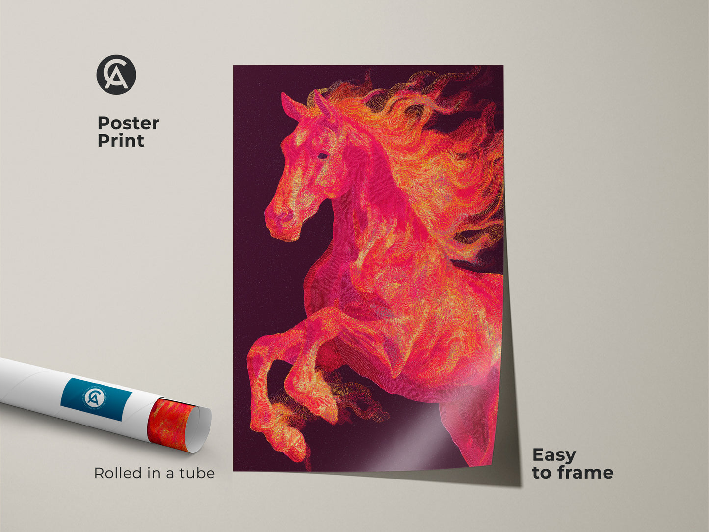 Poster print of a dynamic horse illustration rolled in a tube. The fiery horse artwork is easy to frame. The horse has a vibrant orange mane. This museum-quality paper print adds color to any room.