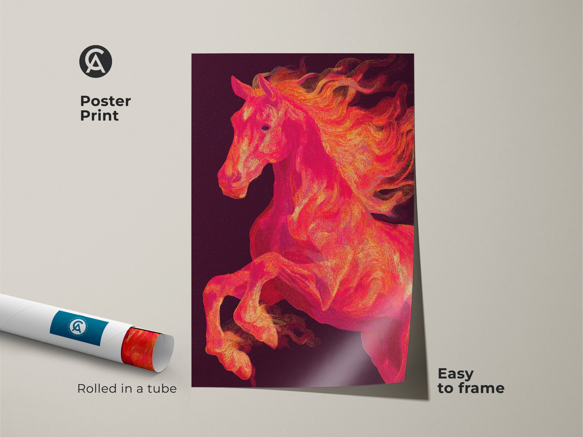 Poster print of a dynamic horse illustration rolled in a tube. The fiery horse artwork is easy to frame. The horse has a vibrant orange mane. This museum-quality paper print adds color to any room.