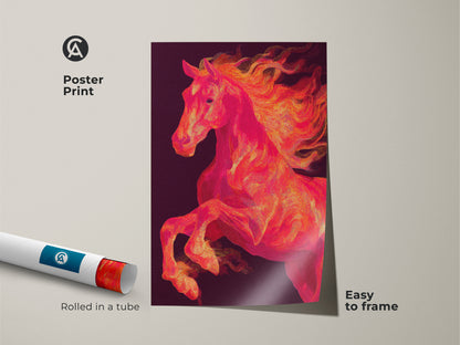 Poster print of a dynamic horse illustration rolled in a tube. The fiery horse artwork is easy to frame. The horse has a vibrant orange mane. This museum-quality paper print adds color to any room.
