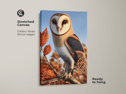 Stretched canvas print of a barn owl. This gallery wrap features mirror edges. It is a ready to hang wildlife artwork. The rustic autumn decor is perfect for a birdwatcher gift idea. The beige brown orange art will enhance any space.