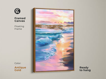 Antique Gold framed canvas presents floating frame around ocean art. Impressionistic ocean waves artwork captures a coastal sunset. Blue pink orange blend creates vibrant coastal art. This piece is ready to hang.