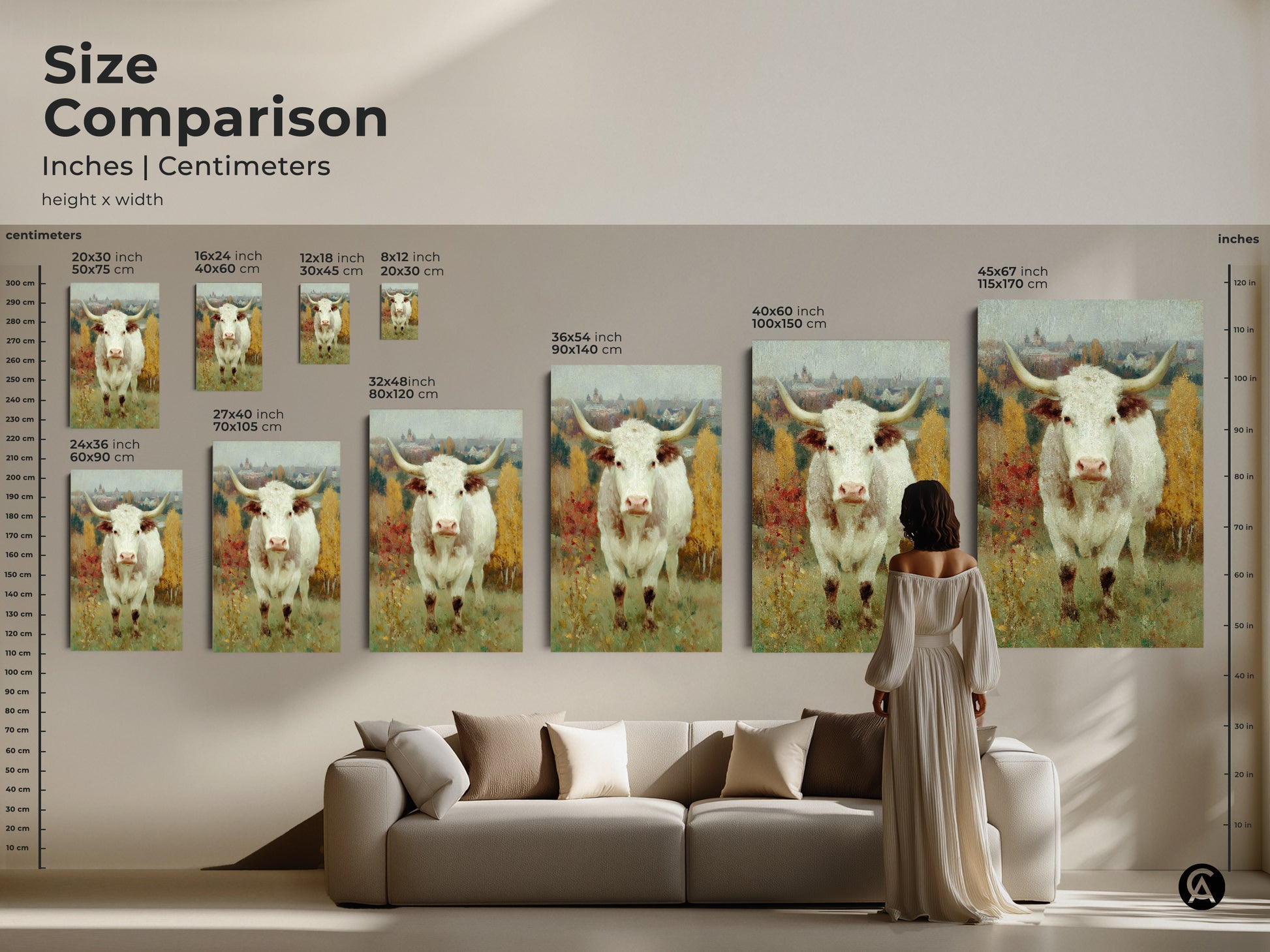 Compare sizes of the longhorn cow art with our size comparison guide. Visualize how each piece fits above your furniture. Select the ideal size for your space in inches or centimeters for a perfect fit.