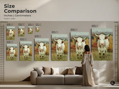 Compare sizes of the longhorn cow art with our size comparison guide. Visualize how each piece fits above your furniture. Select the ideal size for your space in inches or centimeters for a perfect fit.