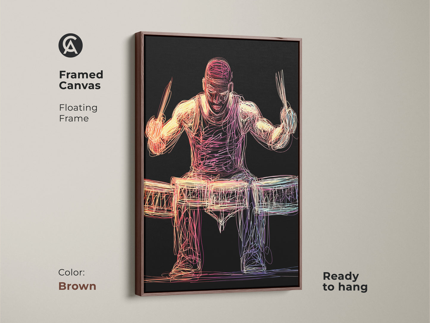 Enhance your space with this framed abstract drummer canvas. The floating frame elevates the red pink yellow and purple vibrant colors. This music room decor art is ready to hang in a stylish brown frame. Modern accent for any music lover's home or office. Gift this framed drummer artwork for an elegant touch.