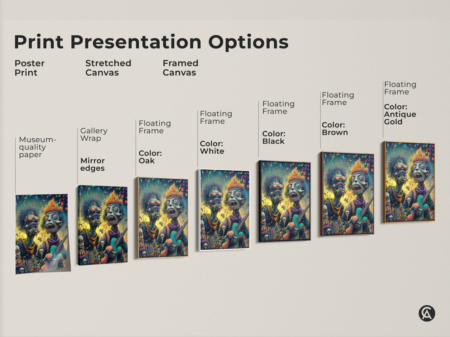 Explore print presentation options for zombie musician art. Choose from poster prints stretched canvas or framed canvas. Available with museum quality paper gallery wrap or floating frames.