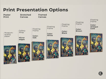 Explore print presentation options for zombie musician art. Choose from poster prints stretched canvas or framed canvas. Available with museum quality paper gallery wrap or floating frames.