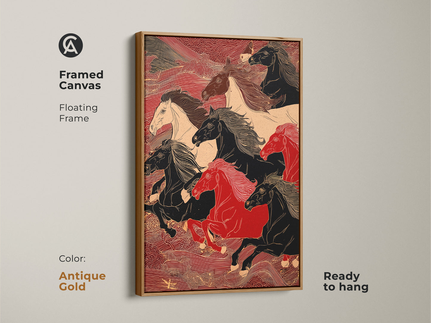 A framed canvas featuring an illustration of running horses. The artwork has a floating antique gold frame. The horses are black red and white. This is perfect for home decor. It is ready to hang.