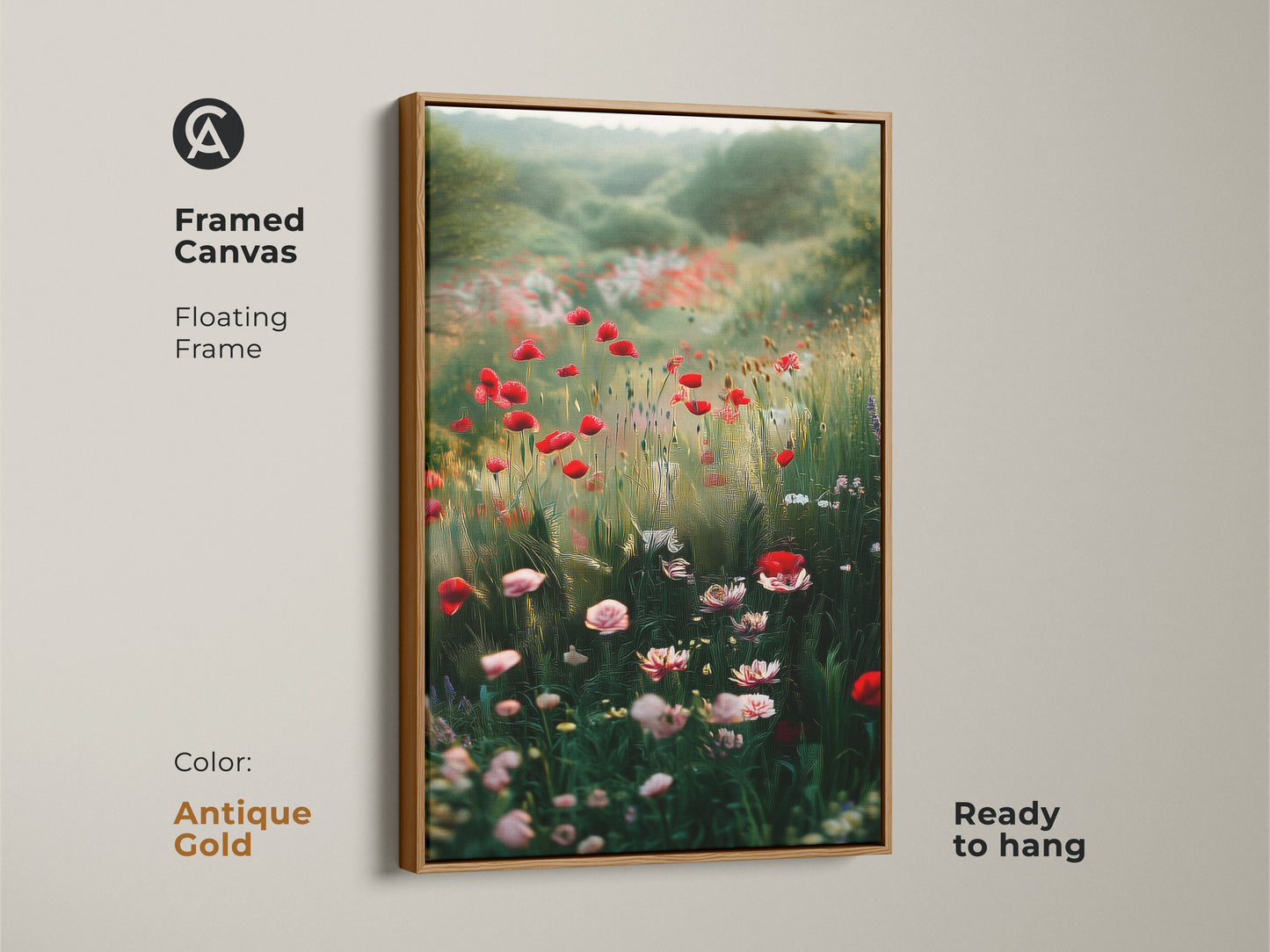 Antique gold framed canvas of a poppy field. This impressionistic floral print features red wildflowers. It's perfect for boho bedroom decor. Ready to hang nature landscape painting.