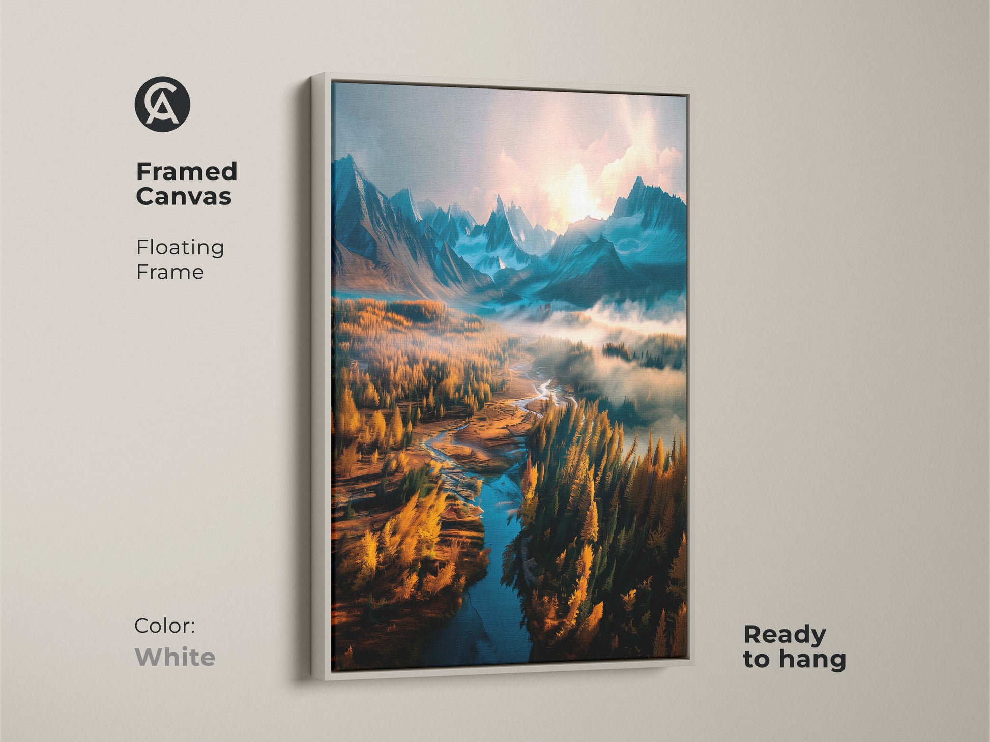 Framed canvas artwork showcasing mountains a river and golden trees in a white floating frame. This ready-to-hang art brightens your space with natural beauty. The white frame offers a clean modern look. Order this framed artwork for a fresh decor update.