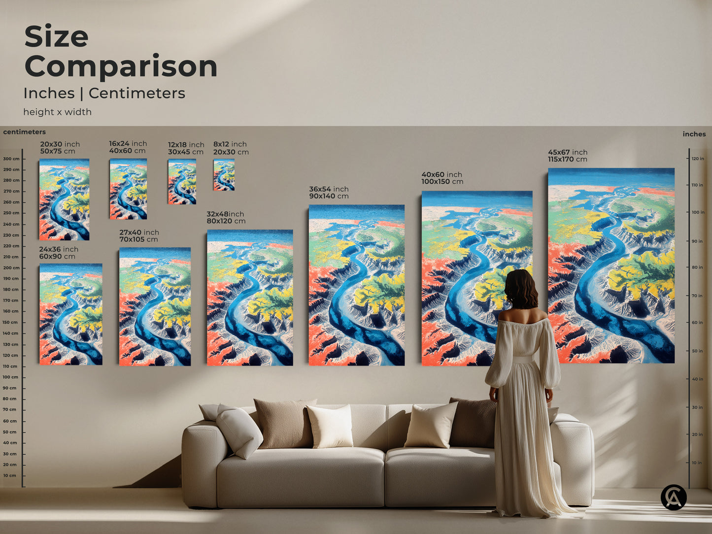 Compare the sizes of this teal blue river art. This abstract aerial landscape art is available in multiple dimensions. Imagine this unique wall decor in your living space. Find the perfect size for your space.