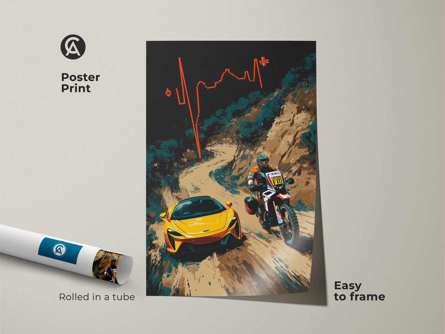 This poster print showcases a dynamic abstract art scene. It features a yellow sports car and a motorcycle rider racing. Rolled in a tube and easy to frame this print is perfect for any F1 fan. Add a touch of contemporary style to your decor with this striking racing artwork. Its vibrant colors bring energy and excitement to any room.