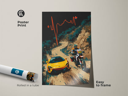 This poster print showcases a dynamic abstract art scene. It features a yellow sports car and a motorcycle rider racing. Rolled in a tube and easy to frame this print is perfect for any F1 fan. Add a touch of contemporary style to your decor with this striking racing artwork. Its vibrant colors bring energy and excitement to any room.