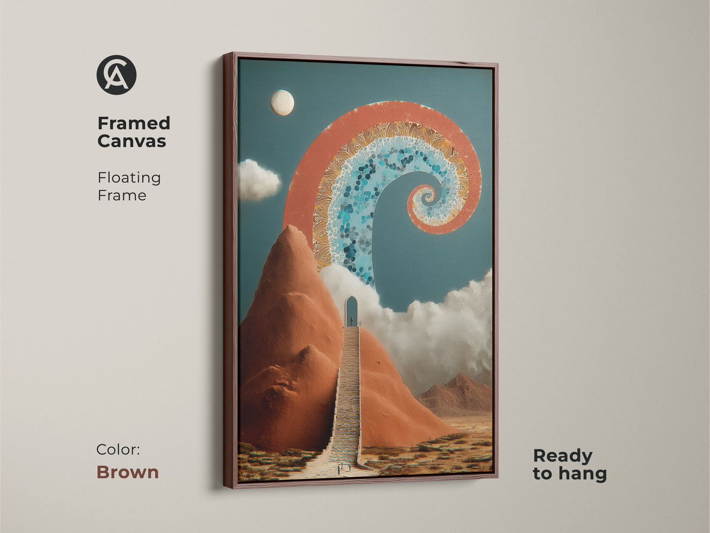 Framed Canvas print in Brown featuring a surreal stairway to an archway. The abstract spiral art in terracotta and deep blue. Ready to hang this adds a spiritual touch to any space. The perfect Eclectic art for your office landscape canvas.