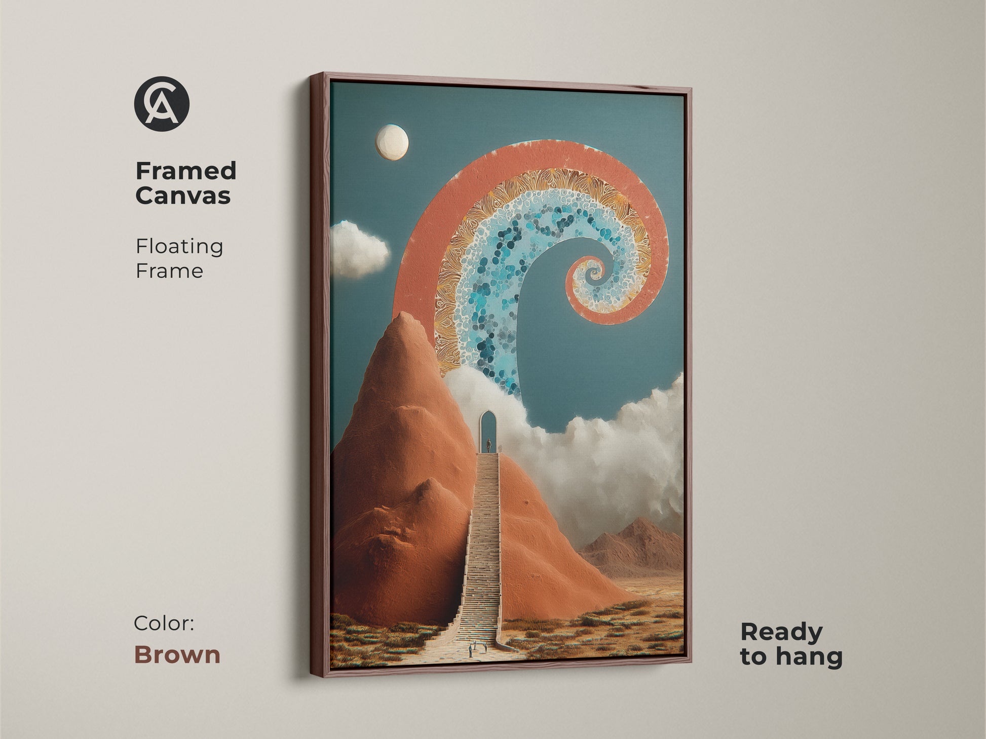 Framed Canvas print in Brown featuring a surreal stairway to an archway. The abstract spiral art in terracotta and deep blue. Ready to hang this adds a spiritual touch to any space. The perfect Eclectic art for your office landscape canvas.