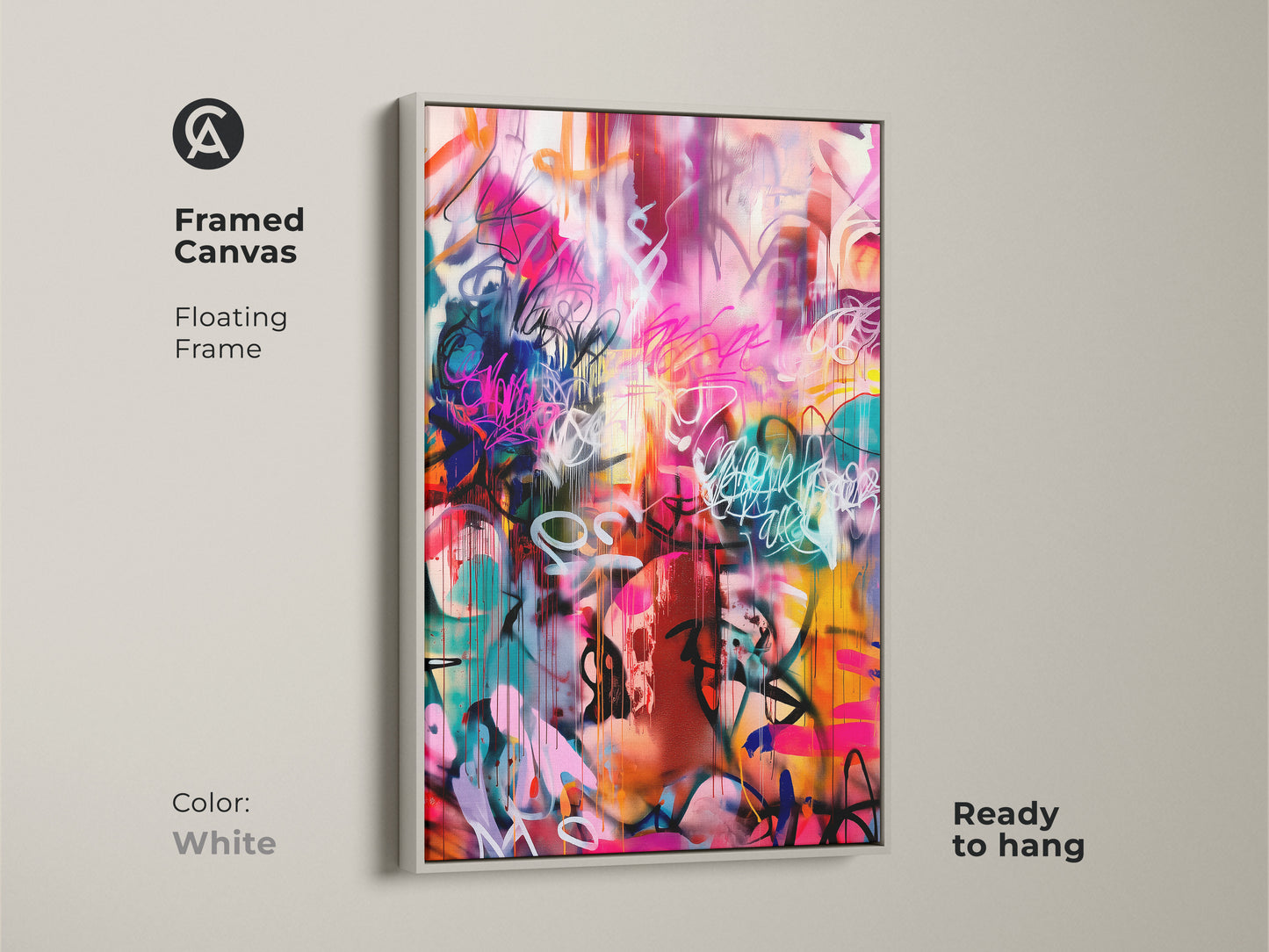 Framed Canvas Graffiti Style Artwork. This modern art piece features bright pinks blues & oranges. The artwork has a bold abstract style with a white floating frame. This canvas art is ready to hang and adds a pop of color to any room.