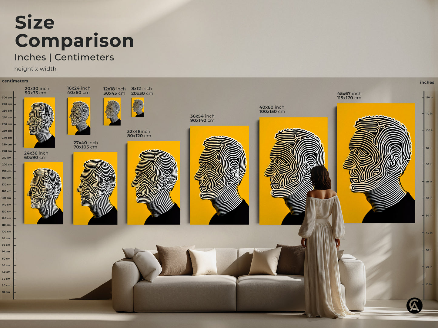 Size comparison of portrait artwork. The artwork showcases a man's profile with flowing lines. Dimensions range from small to large. The artwork is perfect above a sofa in a living room. See how each size fits in a contemporary interior.