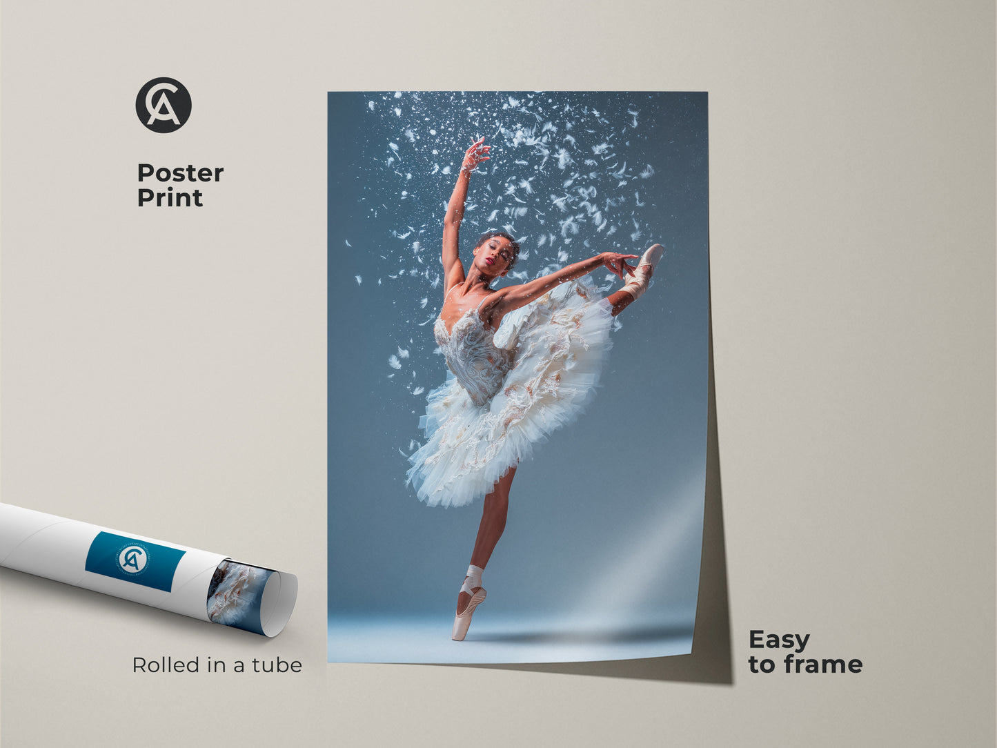 Ballerina poster print rolled in a tube. The ballerina is wearing a white tutu. She is en pointe with one leg extended high. White feathers accent this artwork. This museum-quality poster is easy to frame and display.