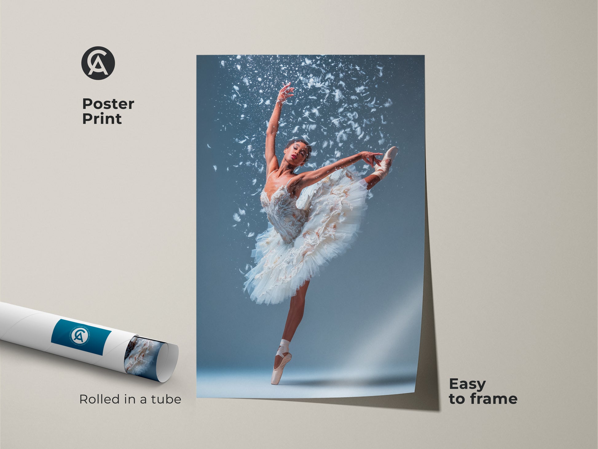 Ballerina poster print rolled in a tube. The ballerina is wearing a white tutu. She is en pointe with one leg extended high. White feathers accent this artwork. This museum-quality poster is easy to frame and display.