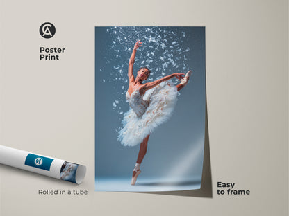 Ballerina poster print rolled in a tube. The ballerina is wearing a white tutu. She is en pointe with one leg extended high. White feathers accent this artwork. This museum-quality poster is easy to frame and display.