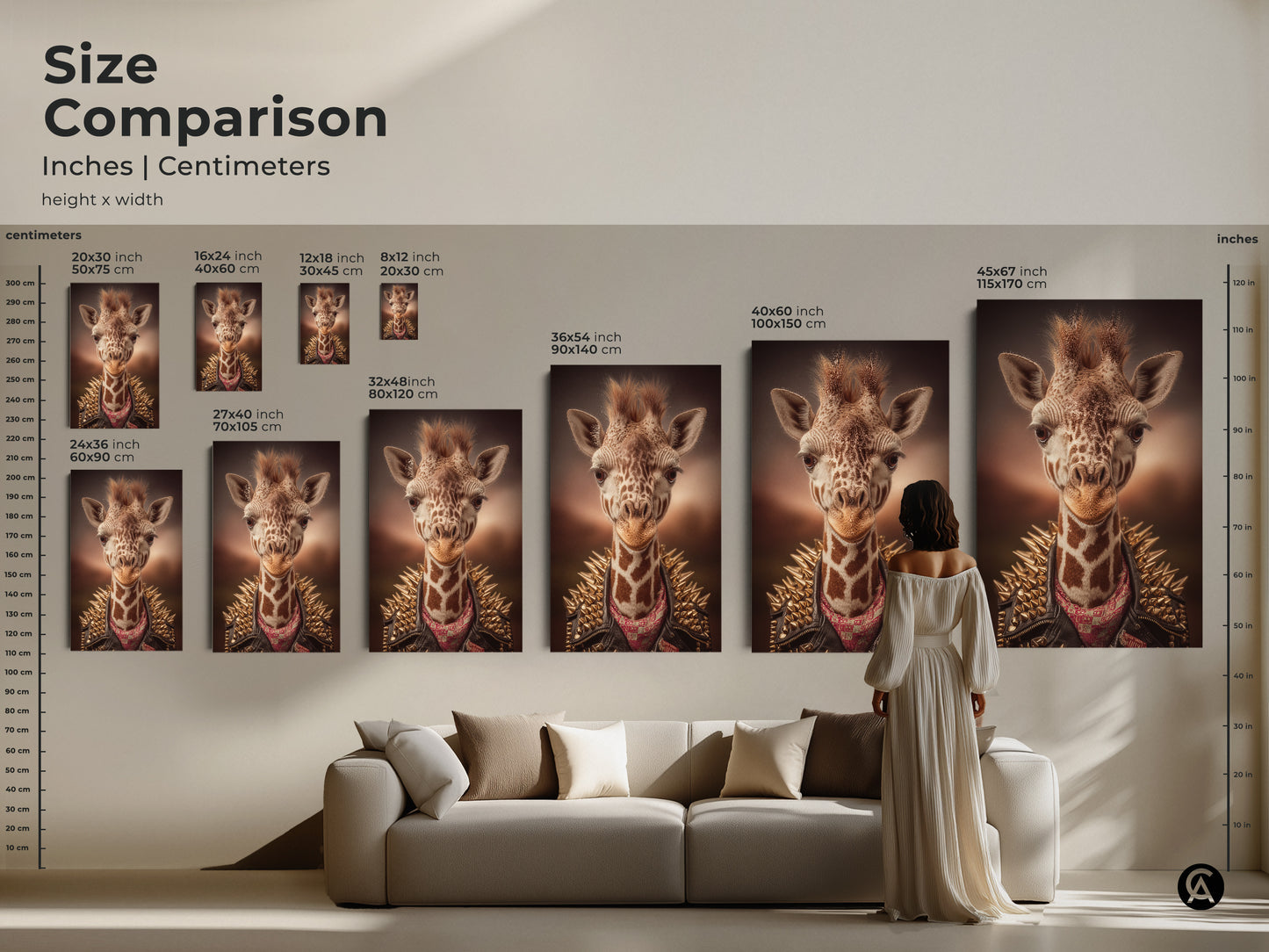 Size comparison of the punk rock giraffe artwork in inches and centimeters. See how the rockstar animal print looks in different sizes. Ideal for styling above a couch or in a gallery wall. A cool wall art piece for eclectic homes and unique spaces.