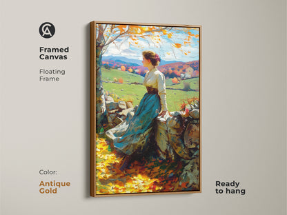 This framed canvas artwork shows a woman. She is sitting on a stone wall surrounded by an autumn landscape. The floating frame adds elegance. The antique gold frame gives it a vintage touch. Ready to hang this artwork enhances your home's artistic appeal.