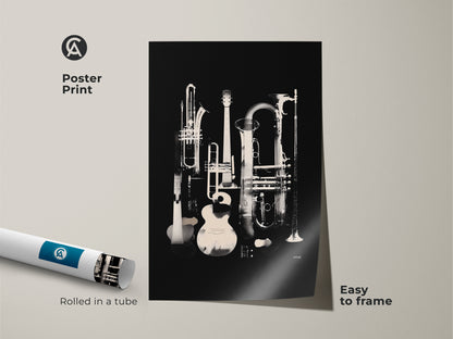 Poster print featuring musical instruments on museum-quality paper. It showcases a guitar trumpet tuba and clarinet. The instruments are arranged in a still life composition. This poster is easy to frame. Add a touch of music to your space with this print.