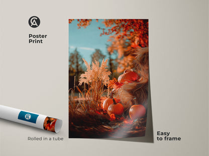 Adorn your walls with this beautiful autumn-themed poster print. The artwork features pumpkins and fall foliage. This seasonal artwork arrives rolled in a tube. It's easy to frame and perfect for adding a touch of fall to any room.