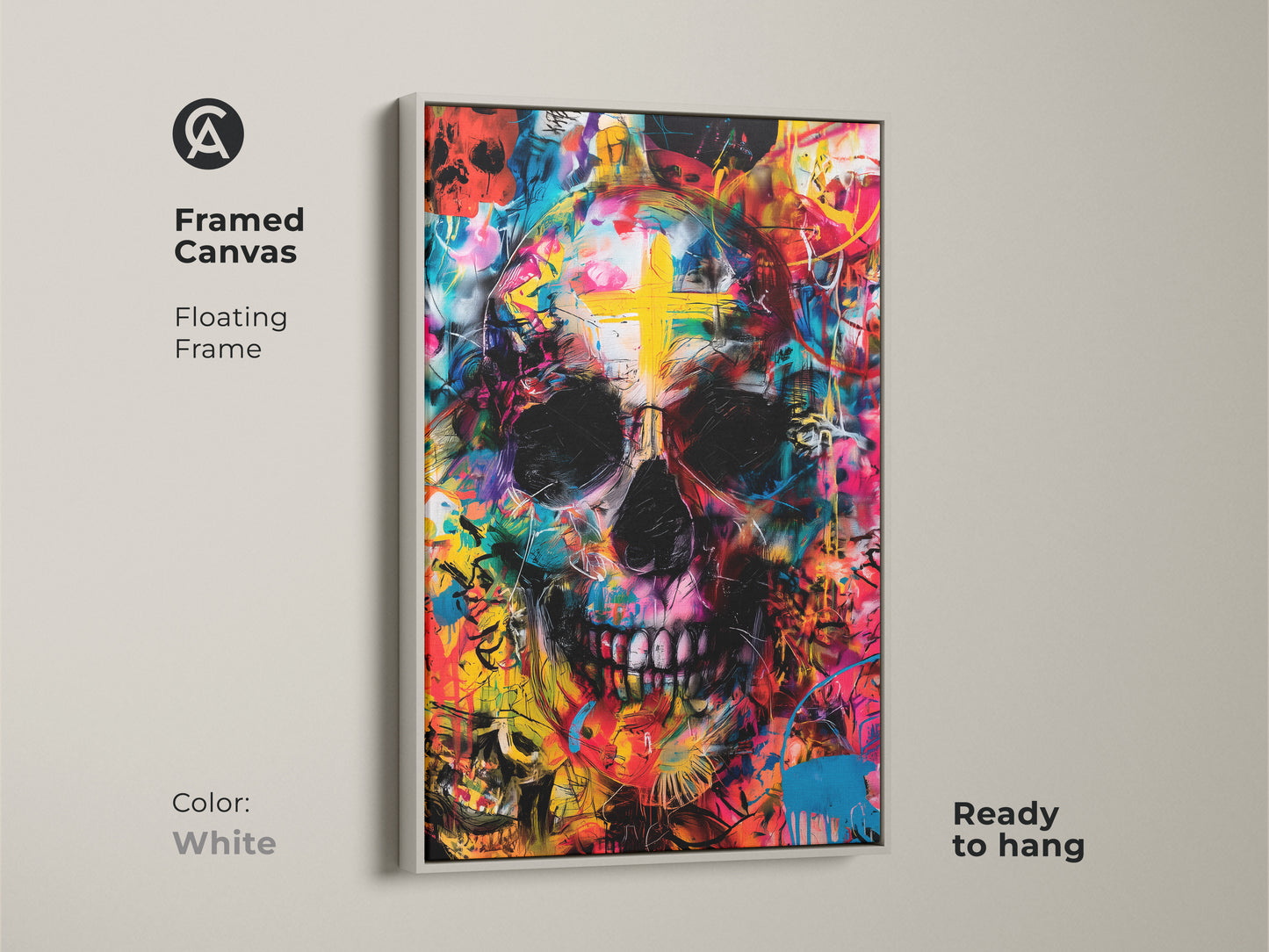 Framed Canvas skull artwork with a floating white frame. The artwork features a skull with a cross on its forehead. Ready to hang in your home. Shop Now.
