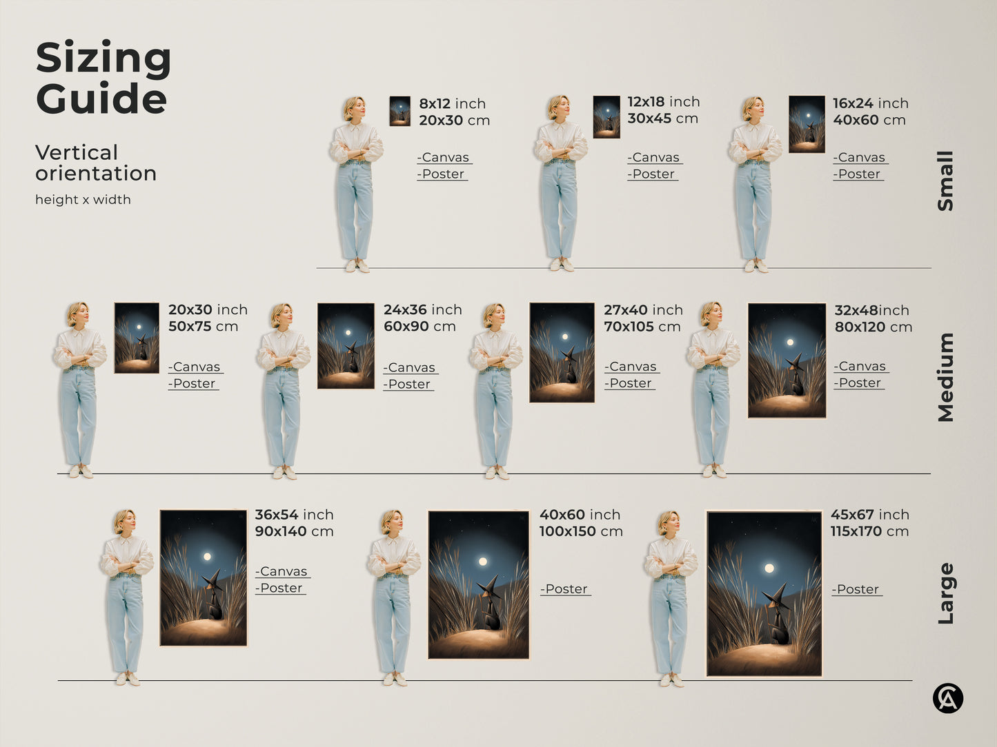 Sizing Guide for vertical orientation. Shows small medium and large fantasy wall art. The art depicts a witch gazing at the moonlight. Navy Blue Gold Moonlight Canvas. Perfect Halloween Occasion Gift.