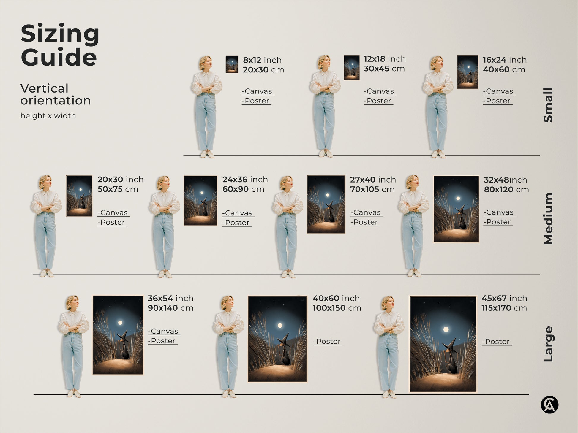 Sizing Guide for vertical orientation. Shows small medium and large fantasy wall art. The art depicts a witch gazing at the moonlight. Navy Blue Gold Moonlight Canvas. Perfect Halloween Occasion Gift.