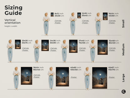Sizing Guide for vertical orientation. Shows small medium and large fantasy wall art. The art depicts a witch gazing at the moonlight. Navy Blue Gold Moonlight Canvas. Perfect Halloween Occasion Gift.