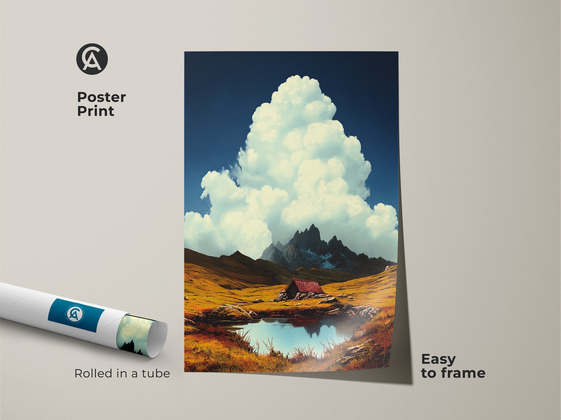 Poster print shows a picturesque mountain cabin next to an alpine lake under a deep blue sky. White clouds fill the sky. Golden yellow fields create a rustic ambiance. Easy to frame. Rolled in a tube for protection. Perfect nature artwork for any home decor style.