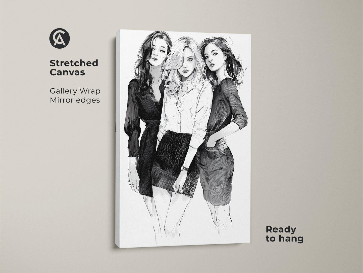 Stretched canvas art showing three monochrome women in a fashion sketch. This black and white portrait is ready to hang. It's a contemporary women art for chic bedroom wall decor.