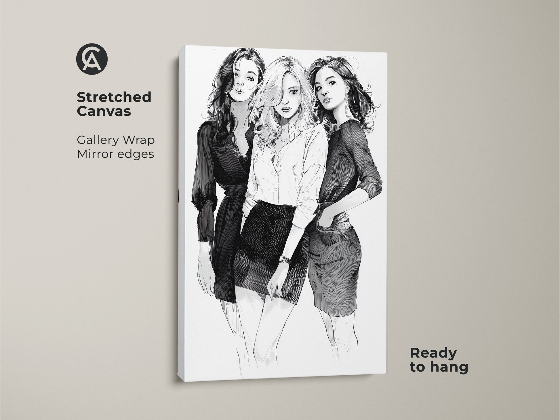 Stretched canvas art showing three monochrome women in a fashion sketch. This black and white portrait is ready to hang. It's a contemporary women art for chic bedroom wall decor.
