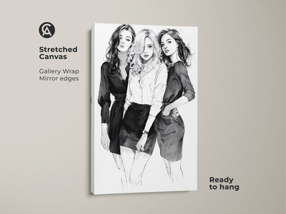 Stretched canvas art showing three monochrome women in a fashion sketch. This black and white portrait is ready to hang. It's a contemporary women art for chic bedroom wall decor.