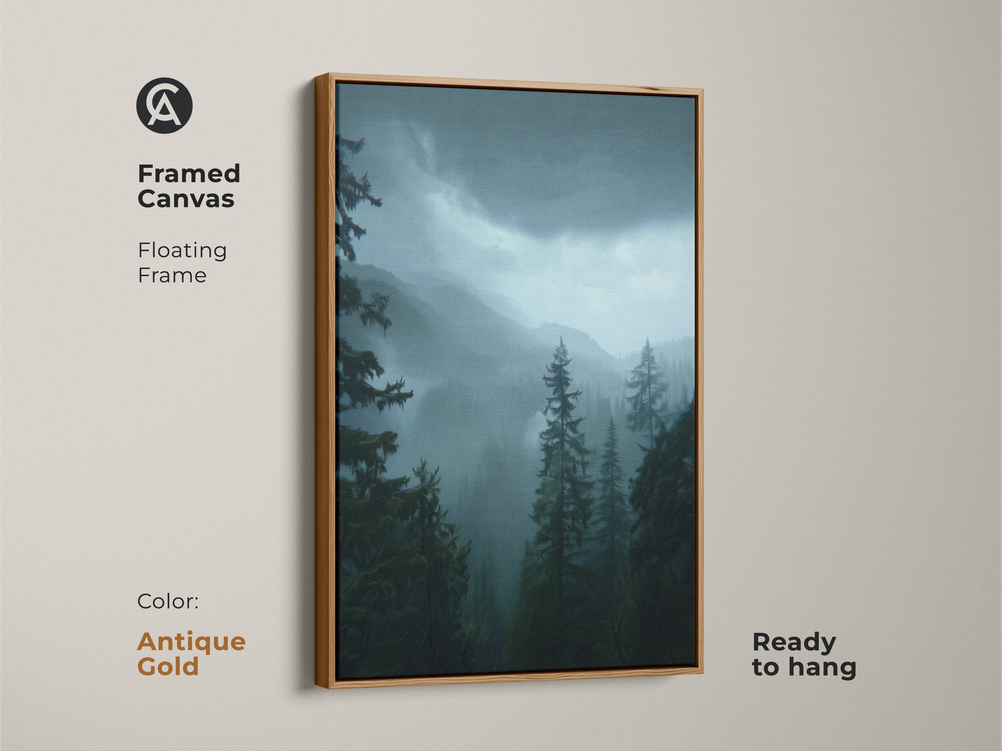 Framed canvas with antique gold finish showcasing a blue misty mountain artwork. The moody forest wall decor features dark green pine trees. Atmospheric nature canvas ideal for forest cabin decor art. This blue green forest print is ready to hang.
