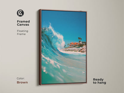 Framed canvas with a floating frame in brown showcasing ocean wave art. This ready-to-hang artwork features a stunning wave and picturesque coastal home. The warm brown frame enhances the ocean's beauty. Elevate your space with this beautiful framed print.