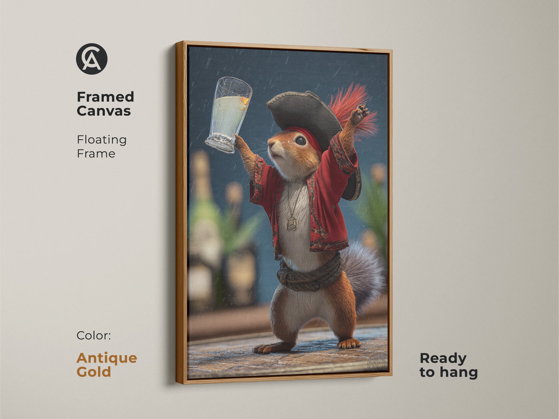Framed canvas with an antique gold floating frame featuring pirate squirrel art. The funny animal drinking artwork adds an eclectic touch to any room. Ready to hang it is a unique gift for animal lovers seeking quirky home decor.
