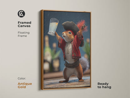 Framed canvas with an antique gold floating frame featuring pirate squirrel art. The funny animal drinking artwork adds an eclectic touch to any room. Ready to hang it is a unique gift for animal lovers seeking quirky home decor.