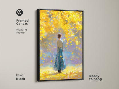 Black framed canvas art featuring a woman in a blue dress under a yellow tree. The floating frame enhances the artwork's visual appeal. Ready to hang this piece offers a complete and stylish art solution. Elevate your interior with this serene and elegant artwork.